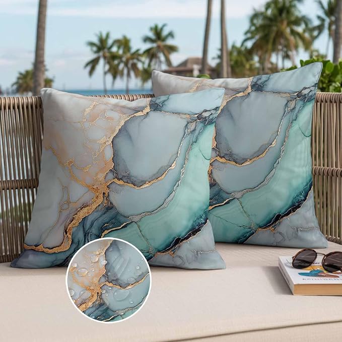 Marble Texture Outdoor Waterproof Throw Pillow Covers Set of 2, 26"x26", Abstract Teal Blue Gold Crack Art Decorative Pillow Covers Outside Cushion Case for Patio Porch Garden