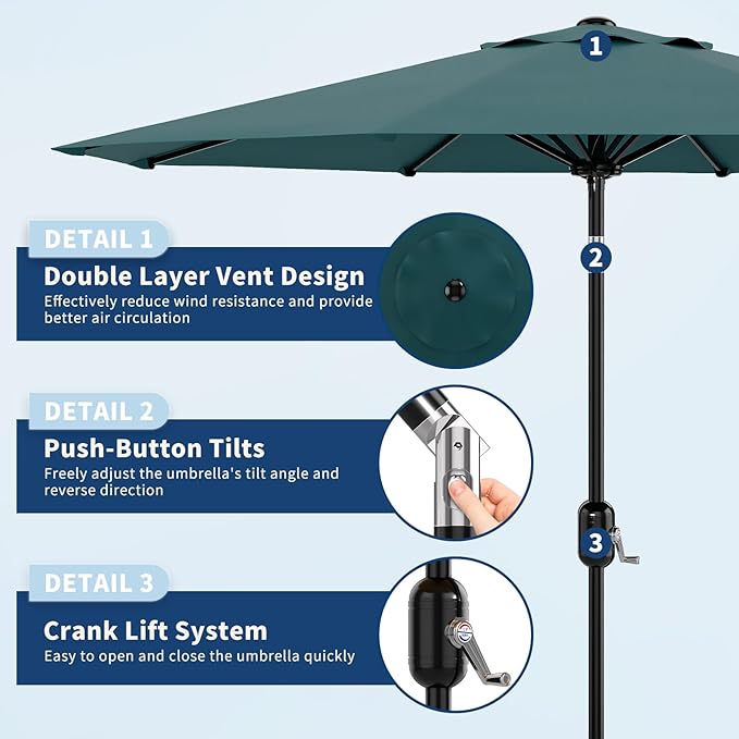 Garvee 10FT Patio Umbrella - Outdoor Table Umbrella with Smooth Crank Lift, Push Button Tilt and 8 Sturdy Ribs - Market Umbrella UV Protection Waterproof for Pool, Deck, Yard, Garden
