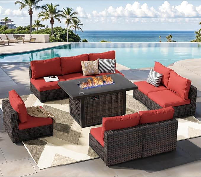 Patio Furniture Set Fire Pit Table 9 Piece All Weather PE Rattan Outdoor Sectional Sofa Couch with 8 x armless Sofa, No-Slip Cushions for Garden, Poolside, Backyard (Red)
