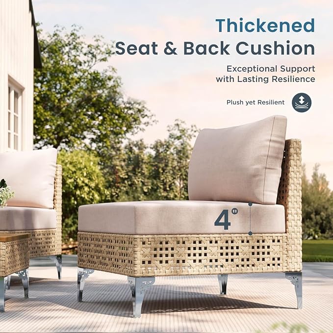 PHI VILLA 6-Seat Wicker Patio Furniture Set, Boho Outdoor Conversation Sofa Set with Acacia Coffee Table and Beige Cushions