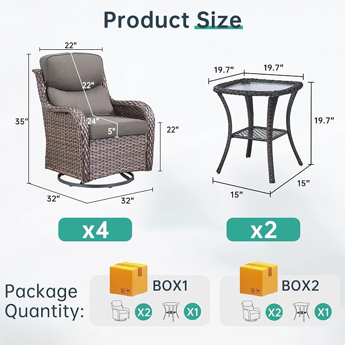 Outdoor Swivel Rocker Patio Chairs Set of 4 with Side Table - 5" Thick Cushion 6 Piece Furniture Set All Weather Comfortable Wicker Conversation Set for Porch Poolside and Deck - Brown/Gray