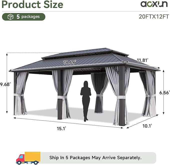 Aoxun 12’x20’ Hardtop Gazebo, Permanent Metal Pavilion with Galvanized Steel Double Roof, Outdoor Pergola with Nettings and Curtains for Lawn, Garden, Patio (Gray)