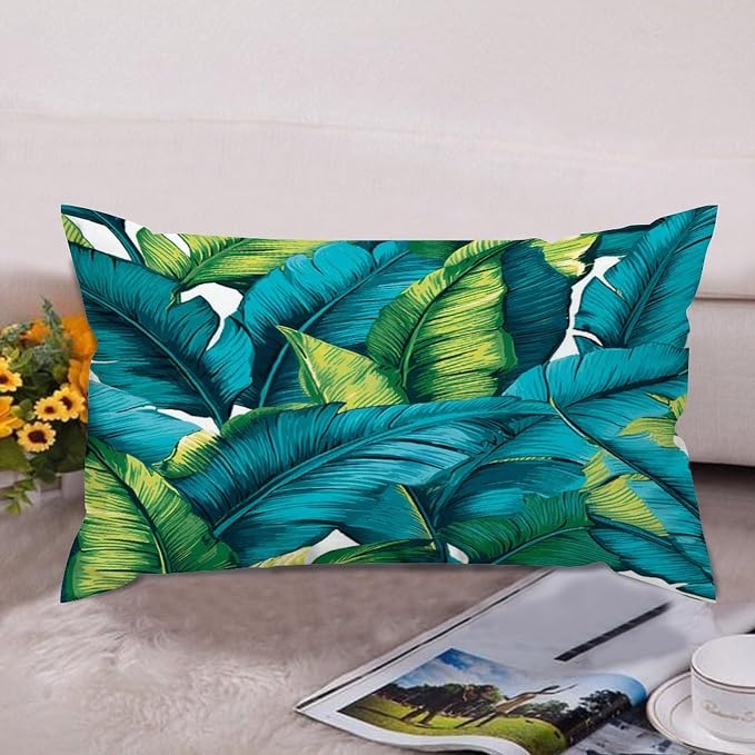 Set of 2 Turquoise Lime Green Teal Blue Aqua Tropical Plants Cushion Cover Case with Zipper 12x20in Canvas Pillow Cover Rectangle Pillow Case for Couch Bed Car Pub Coffee Bar Living Room Decor