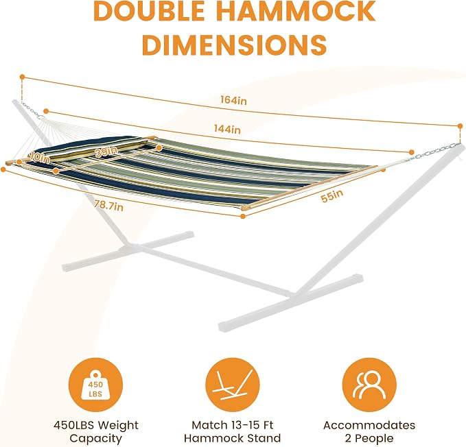 Lazy Daze Hammocks 12 FT Quilted Fabric Double Hammock with Spreader Bars and Detachable Pillow, 450lbs Weight Capacity