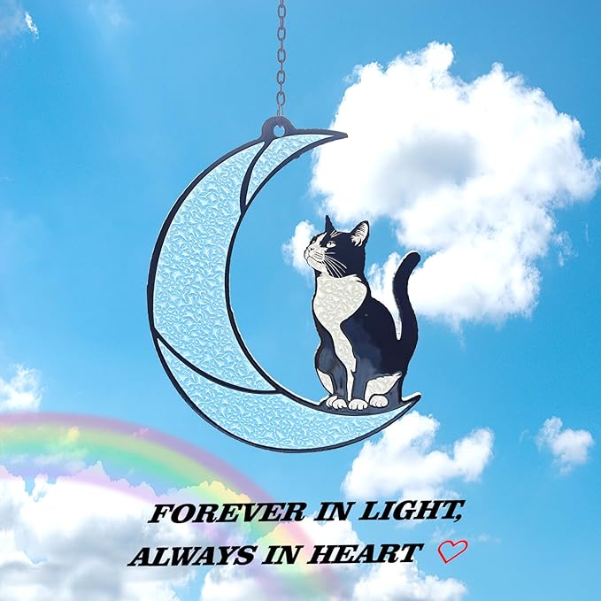 Black and White Cat Gift,Tuxedo Cat Stained Glass Art Suncatcher | Cat memorial gift and home decor for cat lovers, family, or friends; hangs in windows, patios, or gardens to honor memories