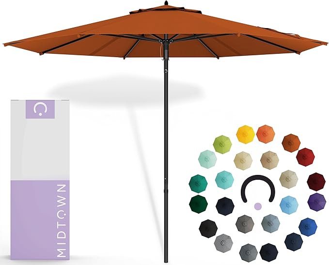 Midtown Umbrellas Push & Pop 10 Ft Patio Umbrellas with Push & Pop Mechanism, Fiberglass Ribs & Sunbrella Fabric – Outdoor Umbrella for Deck, Pool, Cafés and Hotels – Terracotta Canopy, Black Pole