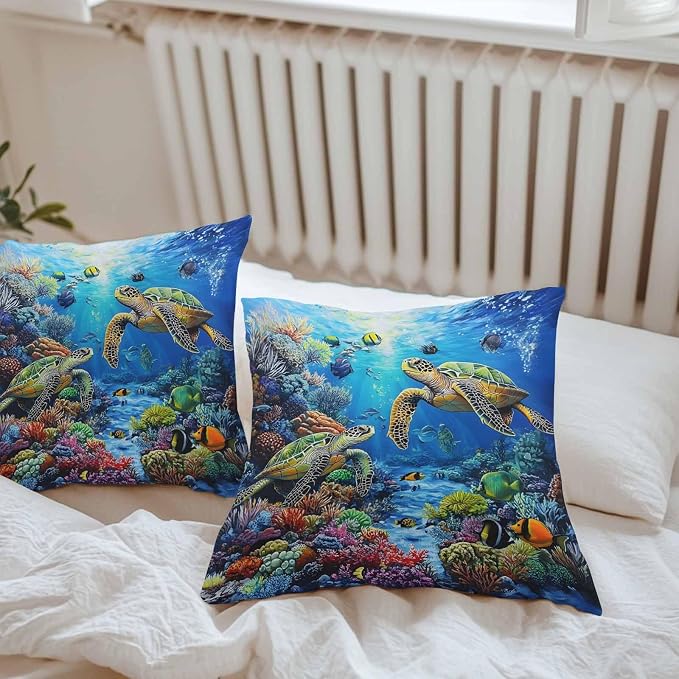 Blue Sea Turtle Ocean Waterproof Outdoor Pillow Covers Set of 2 Home Decor, Colorful Coral Sea Underwater Pillowcase Patio Pillow Covers for Couch Bench Furniture Garden 20x20in