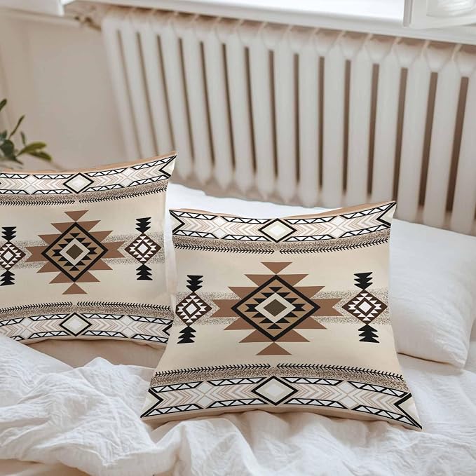Outdoor Waterproof Throw Pillow Covers Set of 2 Brown Aztec Pillowcases 20x20 Inches Western Tribal Boho Pattern Decorative Pillows Cushion Case Patio Pillows for Couch Bed Chair Garden