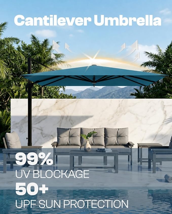 10'×10' Patio Umbrella, Aluminum Cantilever Umbrella with 360°Rotation, Offset Patio Umbrella with Easy Tilt Fade Resistance for Pool Deck Garden Backyard, Lagoon (Base not Included)