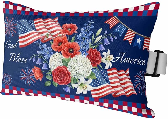 250th Anniversary Outdoor Pillows for Chaise Lounge Chair Waterproof Lumbar Pillows with Insert&Adjustable Elastic Strap Beach Headrest Pillow Independence Day Floral Navy Blue Neck Pillow 11"x16"