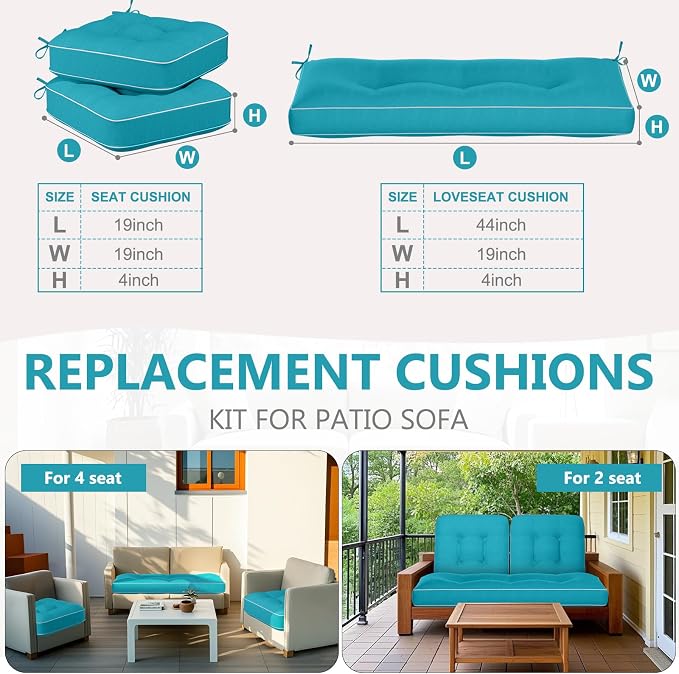 Wenqik 44 x 19 x 4 Inch Outdoor Bench Cushion Set of 3 Waterproof Tufted 1 Patio Loveseat Cushions and 2 Square Chair Seat Pad for Outdoor Furniture Couch Swing Sofa Wicker Settee(Lake Blue)