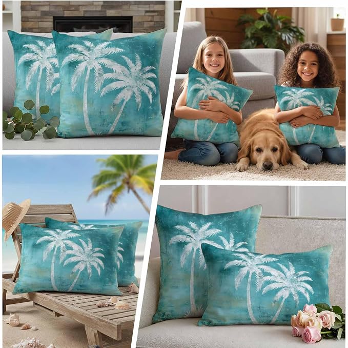 Coastal Beach Tree Teal Outdoor Waterproof Pillow Covers, Tropical Botanical Decorative Square Throw Pillowcase, Palm Tree Vintage Sofa Cushion Sham for Patio/Couch/Chair, 26"x26" 2 Pack