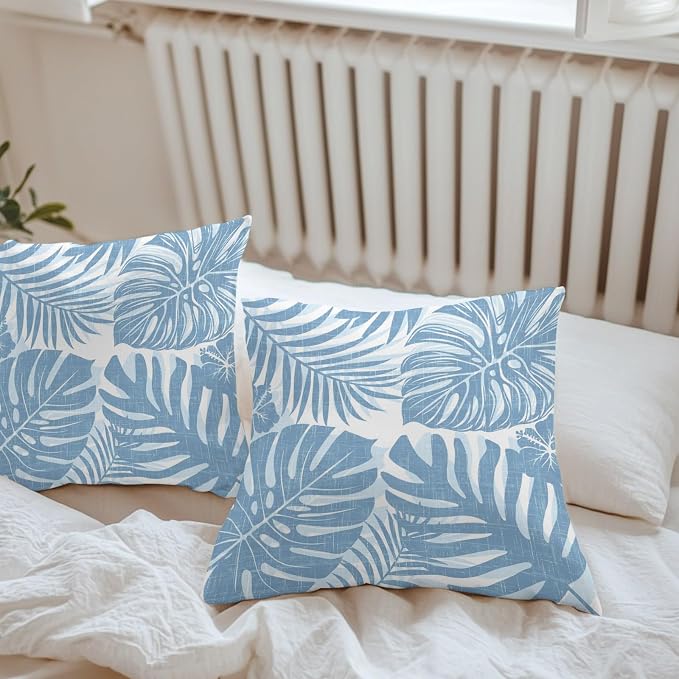 Coastal Blue Palm Leaves Outdoor Pillow Covers 20"x20" Set of 2, Tropical Botanical Minimalist Modern Waterproof Throw Pillow Covers for Patio Furniture, Decorative Cushion Covers for Porch