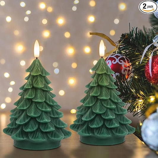 Wondise Christmas Tree Flameless Candles Timer, 2 Packs Green Real Wax Battery Operated 3D Wick LED Flickering Candles Realistic Christmas Tree for Christmas Holiday Indoor Dinner Decor(2.76" x 5.9")
