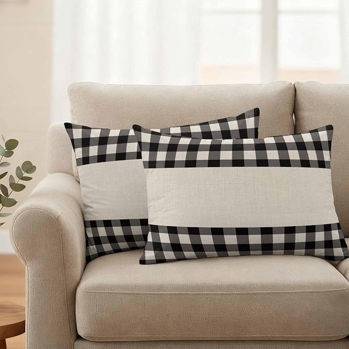 Retro Black Outdoor Waterproof Pillow Covers, Farmhouse Buffalo Plaid Vintage Beige Decorative Rectangle Throw Pillowcase Sofa Cushion Sham for Patio/Couch/Chair, 20"x12" 2 Pack
