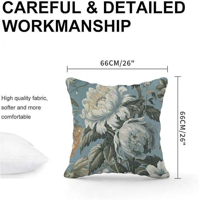 Spa On Flax Blue Chinoiserie Cushion Cases Grey Peony Asian Throw Pillow Cover Modern Square Couch Sofa Cushion Covers for Outside Couch Chair Patio 26x26 in