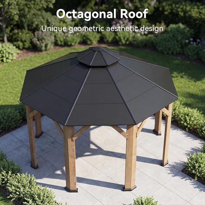 Aoxun 13' x 13' Outdoor Wood Gazebo, Hardtop Gazebo Permanent Wooden Pavilion with Galvanized Steel Double Roof, for Backyard, Garden, Poolside, Cedar Wood, Natural