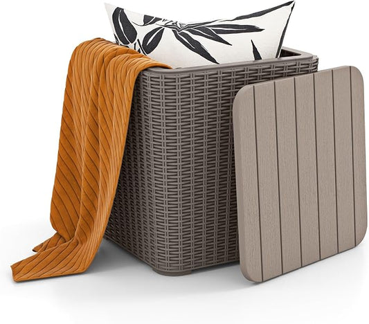 LDAILY 11.5 Gallon Outdoor Storage Box, Deck Box with Table Top & Stool, Resin Wicker Patio Side Table with Storage, Removable Lid, 330Lbs Capacity for Poolside, Balcony (Brown)