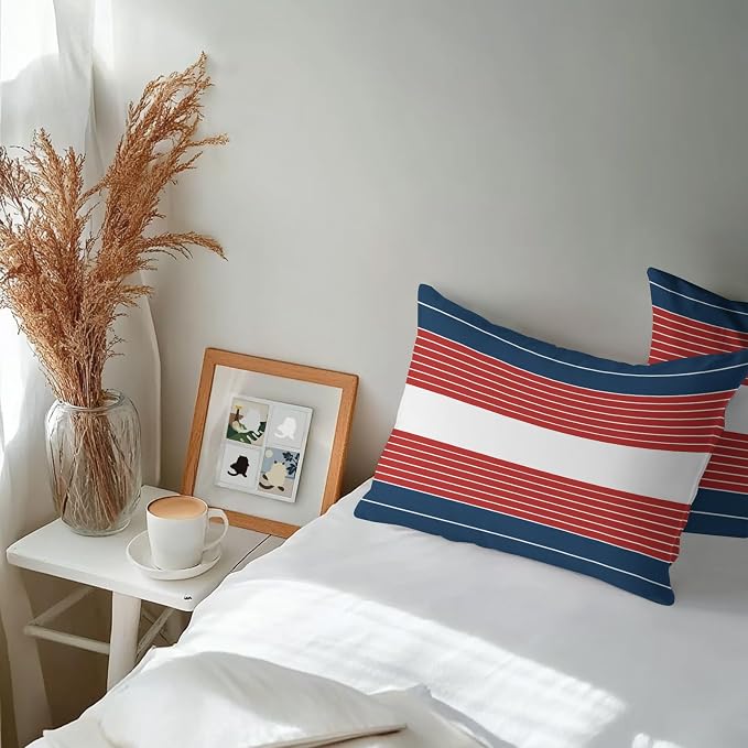 Navy Blue Red Stripe Outdoor Pillow Covers Waterproof, All Weather Cushion Case Set of 2, Modern Art Horizontal Striped Lumbar Pillowcase for Sofa Couch Bed Decor Patio Furniture 20"x12"