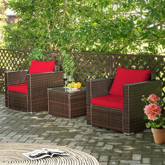 3PCS Patio Rattan Furniture Set Conversation Sofa Cushioned Garden Red