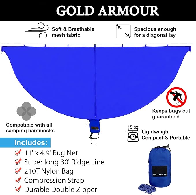 Gold Armour Hammock Bug Net, Mosquito Net Bugs - Premium Mesh Netting, Guardian of No See Um and Insects - Perfect Equipment Gear Accessories for Your Double Hammocks and Single Hammock (Blue)