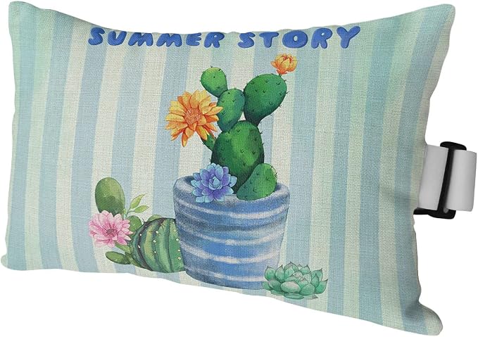 Outdoor Pillows Covers with Inserts SUMMER Cactus Succulents Green Plants Teal Stripes Waterproof Pillow with Adjustable Strap Throw Pillows for Patio Furniture Recliner Lounge Chair, 11x16 inch, 1PCS