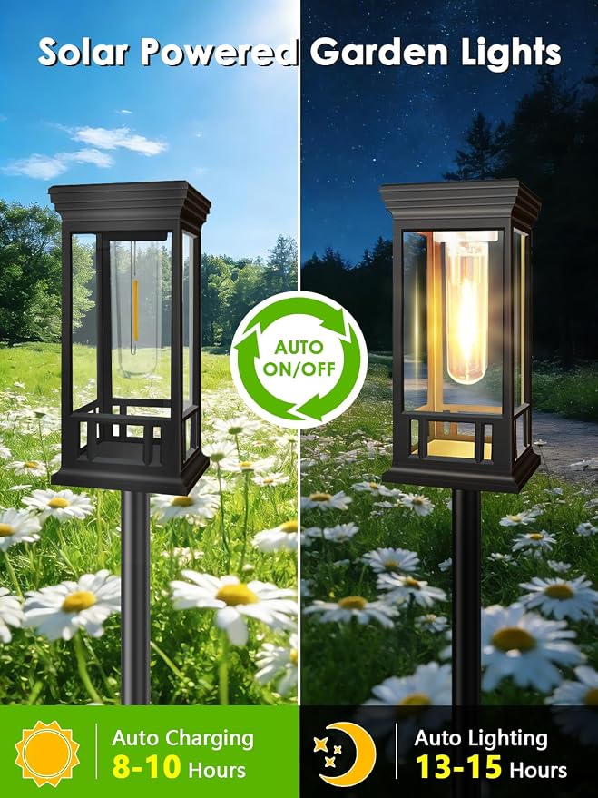 LORRYTE 10 Pack Solar Pathway Lights Outdoor Waterproof | High-performance Solar Panel, Work Lasts 12-15hrs, Auto On/Off, Warm White Retro Design, Garden Lights for Lawn Walkway Decor