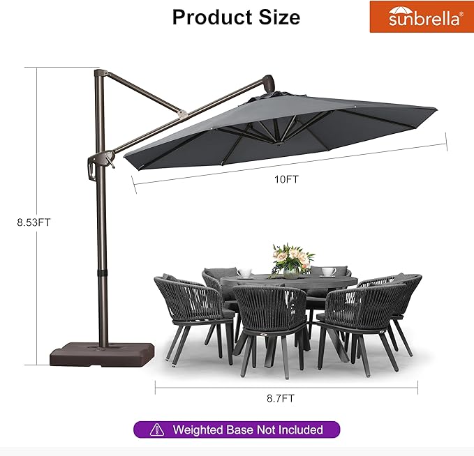 PURPLE LEAF 10' X 10' Cantilever Patio Umbrella with 360-degree Rotation Aluminum Round Outdoor Offset Hanging Umbrella for Patio Pool, Deep Grey