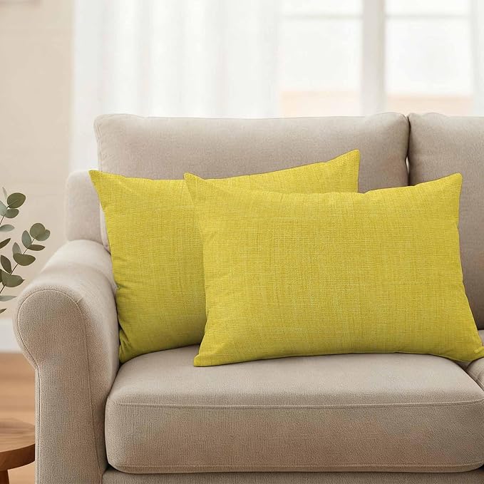 Pack of 2 Waterproof Outdoor Pillow Covers 20x12 Inch Decorative Pillow Covers Yellow Burlap Texture Throw Pillowcases Farmhouse Vintage Yellow Outdoor Cushion Cover for Couch, Patio, Tent