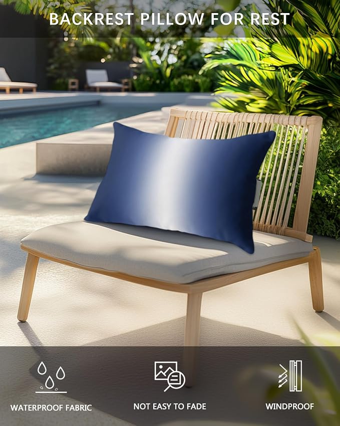 Pack of 2 Outdoor Lumbar Pillow Covers 11x16 Inch, Navy Blue Ombre Waterproof Throw Pillow Covers Set, Aesthetics Modern Abstract Art Gradient Decorative Cushion Cases for Patio Porch Car