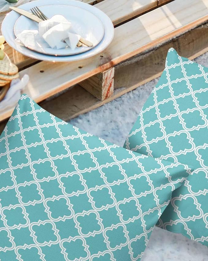 Outdoor Waterproof Pillow Covers for Patio Moroccan Pattern Decorative Throw Pillow Cover Geometric Trellis Cyan Blue Pillowcases Set of 2 Cushion Case for Sofa Couch Chair Home Decor 26x26 inch