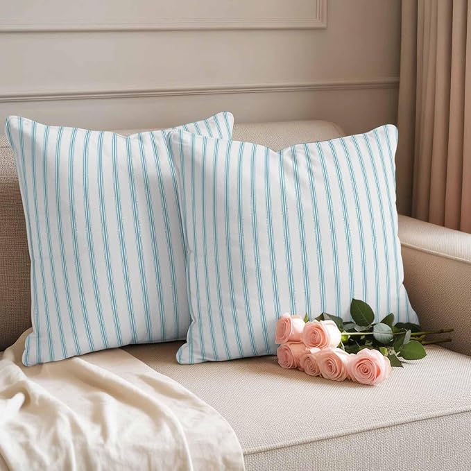 Outdoor Pillow Covers 20x20 Set of 2 Teal Stripes Outdoor Pillows Waterproof Throw Pillow Covers Simple Style Pillowcases Decorative Case for Patio Cushion