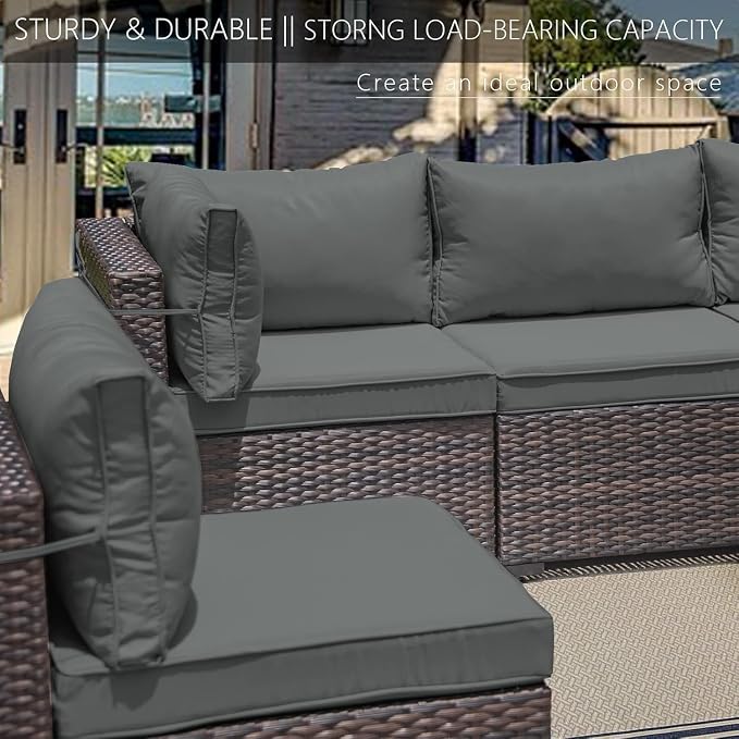 ALAULM 7 Pieces Patio Furniture Set Wicker Patio Conversation Set, Outdoor Sectional Furniture w/Coffee Table & Washable Seat Cushions-Grey