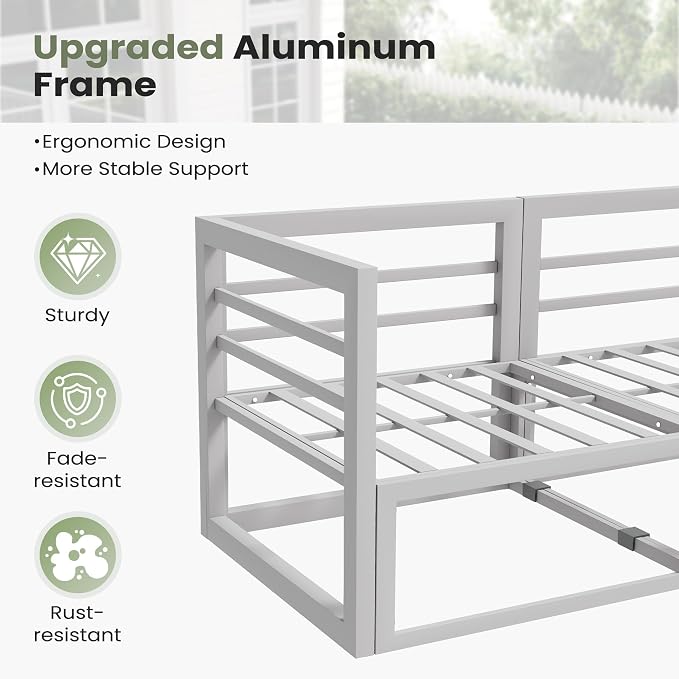 7 Piece Aluminum Patio Furniture Set with Waterproof Cover & 5" Thick Cushions, Aluminum Outdoor Sectional Conversation Set with Coffee Table Ottoman for Porch, Backyard(Light Grey/Green)