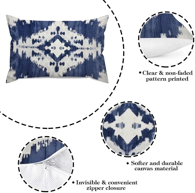 Set of 2 Navy Blue Grey and Beige Ikat Pattern Print Pillow Cases 12x18in Cushion Covers Farmhouse Pillows Covers for Couch Living Room Office Soft Rectangle Accent Pillowcase for Kids