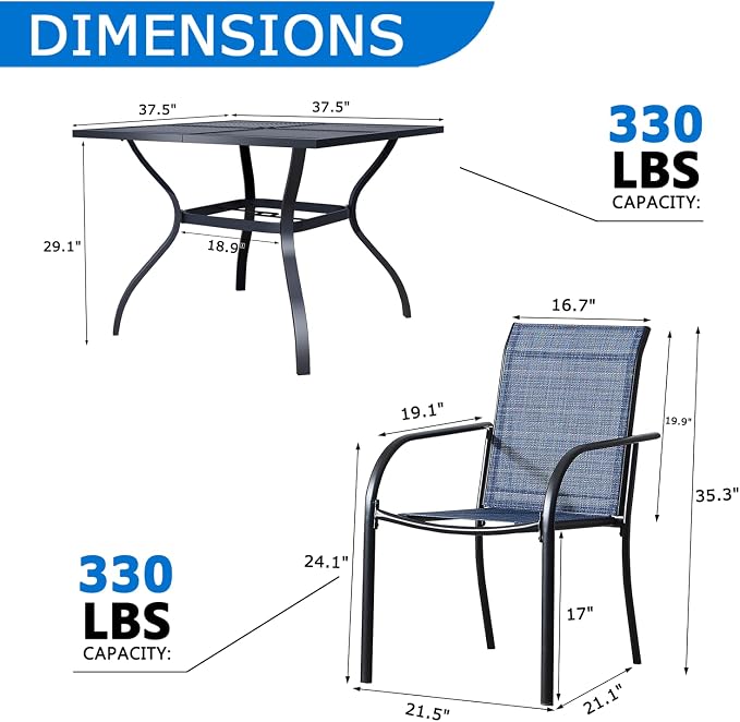 5-Piece Outdoor Dining Set, Square Metal Table with Light Blue Chairs, Black Patio Table with Umbrella Hole for Garden, Yard, Patio
