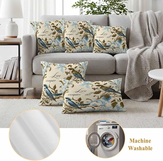 Vintage Bird Flower Outdoor Waterproof Throw Pillow Covers Set of 2, 18"x18", Watercolor Green Blue Floral Decorative Pillow Covers Outside Cushion Case for Patio Porch Garden