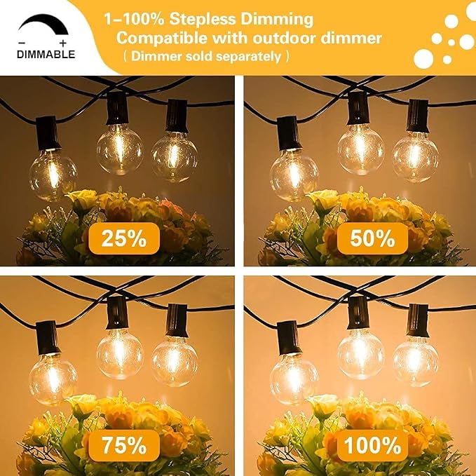 SUNTHIN Outdoor String Lights, 48FT Patio Lights with 25 G40 Shatterproof LED Bulbs(1 Spare), Waterproof Hanging Lights String for Outside Backyard, Porch, Deck, Party, Garden