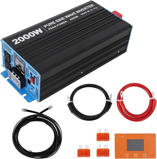 Power Inverter 2000 Watt Pure Sine Wave 12V DC to 110V/120V AC 4000W Peak Converter for Family RV Off Grid Solar System with 3 AC Outlets LCD Display Remote Control and 2.1A USB Charging Port