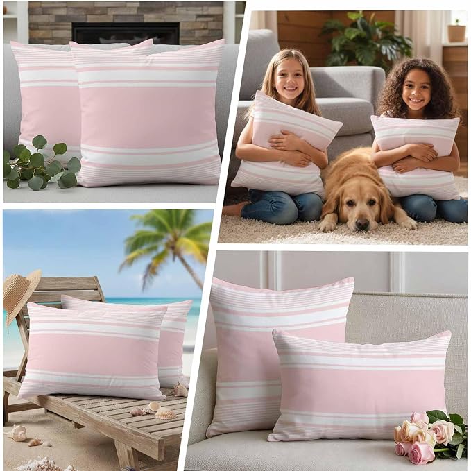 Outdoor Waterproof Throw Pillow Covers, Pink Striped Decorative Pillow Cases, Modern Color Block Farmhouse Stripes Couch Pillow Protector Patio Sofa Cushion Covers Replacement 18"x18" 2 Pack