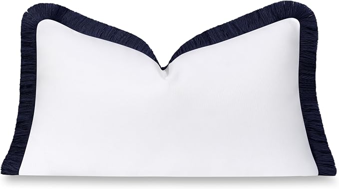 Hofdeco Premium Coastal Grandmillennial Patio Indoor Outdoor Lumbar Pillow Cover Only, 12"x20" Water Repellent for Backyard, Couch, Poolside, White Navy Blue Solid
