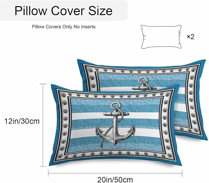 Summer Boat Anchor Outdoor Waterproof Pillow Covers Set of 2, Nautical Ocean Shells Anchor Blue White Stripe Pillowcase Decorative Throw Cushion Cases for Patio Garden Couch 20 x 12 Inches