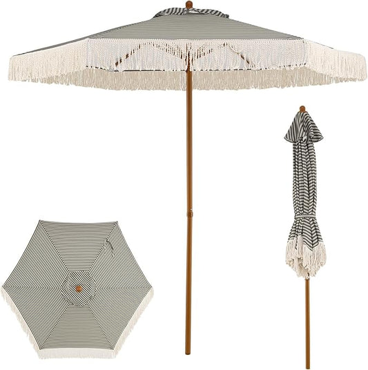 HAPPYGRILL 7 FT Patio Umbrella with Fringe, Outdoor Tassel Umbrella w/Sun-Protective Polyester Canopy, Wood-like Aluminum Pole, Air Vent, Boho Market Table Umbrella for Beach Backyard Poolside