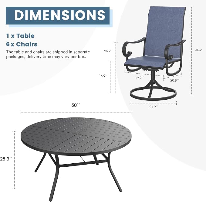 DIFY 7 Piece Outdoor Dining Set for 6, 50" Black Round Metal Dining Table with Umbrella Hole and Swivel Patio Chairs with Blue Textilene Fabric, Patio Table and Chairs Set for Garden Backyard Deck