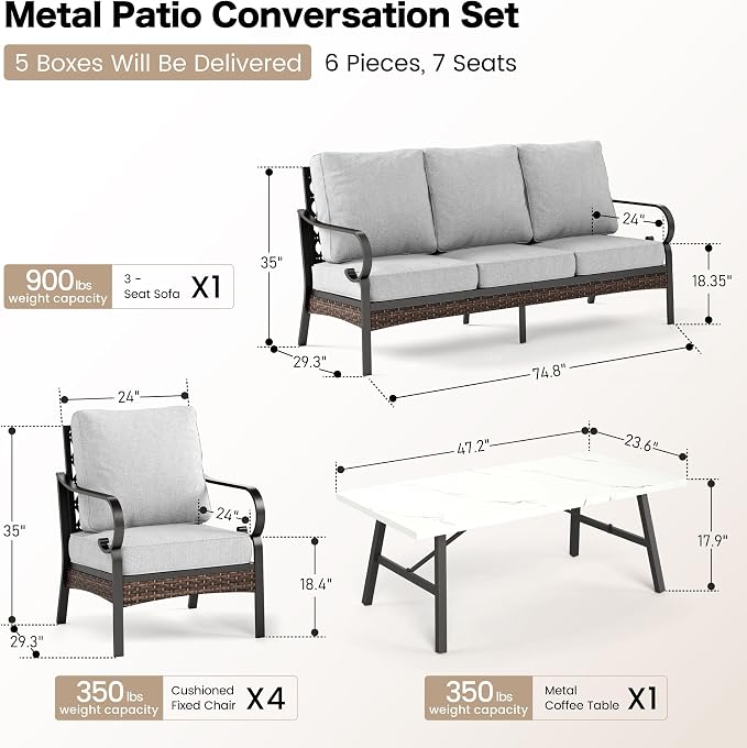 SUNSHINE VALLEY 6 Piece Metal Outdoor Patio Furniture Sets, Patio Conversation Sets 1 3-Seater Sofa, 4 Single Sofa with 5.75" Thick Cushion & Coffee Table, Black Frame Backyard Furniture, Light Gray