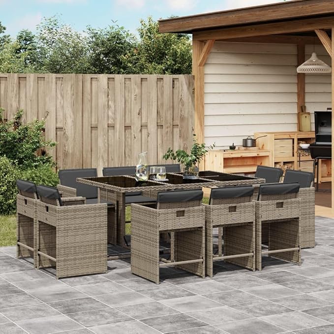 11 Piece Patio Dining Set with Cushions Gray Poly Rattan Outdoor Table and 10 Chairs Tempered Glass Top Foldable Storage Weather Resistant Garden Furniture for Backyard Deck Entertaining