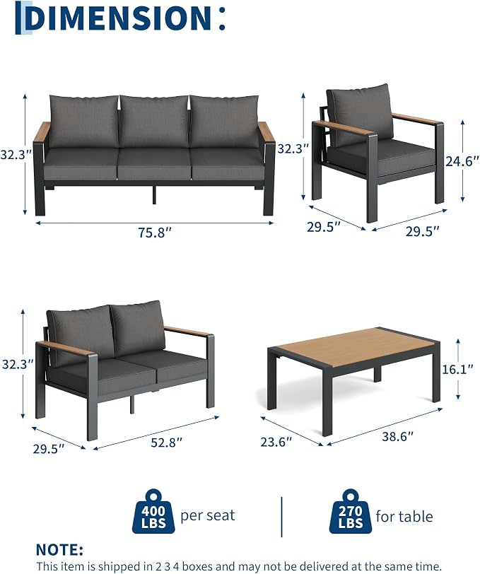 Garvee Aluminum Patio Furniture Set 4 Seats, Generous Outdoor Sectional with Washable Thick Cushions and Coffee Table, Patio Conversation Sets for Porch, Balcony, Deck, Yard