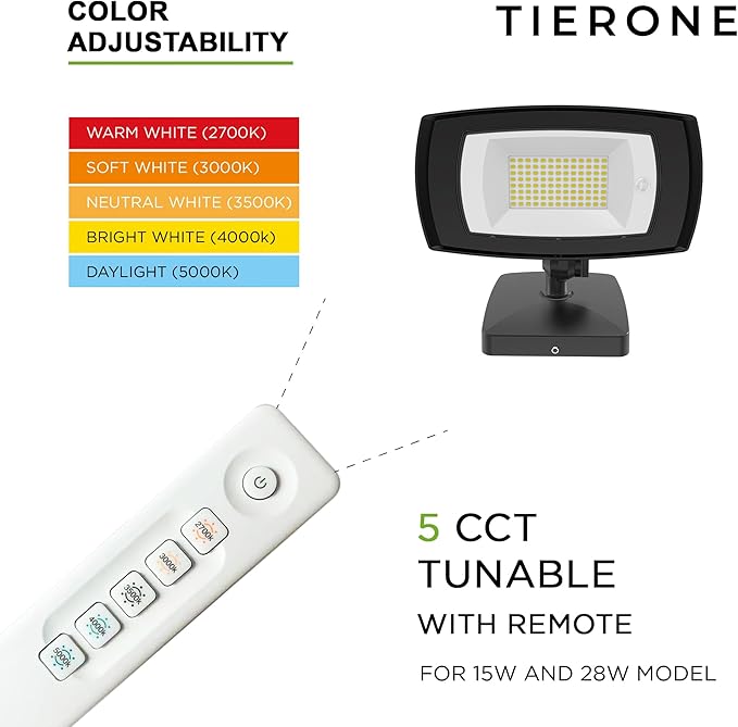 TIERONE 28W LED Flood Light with Remote Control 5 CCT tunable Outdoor LED Security Light for Gardens Garage UL Listed Residential LED Full Cutoff Wall Pack 3200LM IP65 Waterproof Dark Bronze 2 Pack