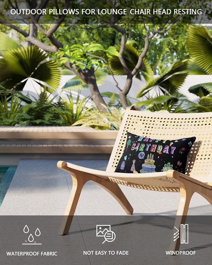 Outdoor Pillows Covers with Inserts Happy Birthday Cake Firwoks Black Waterproof Recliner Pillow with Adjustable Strap Throw Pillows for Patio Furniture Pool Lounge Chair, 11x16 inch, 1PCS