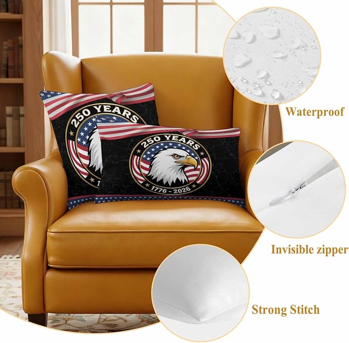 250 Year Anniversary Outdoor Waterproof Throw Pillow Covers 20x12 Set of 2, Independence Day Eagle USA Flag Decorative Pillowcases Cushion Pillowcase for Couch Sofa Patio Outside Pillow Protector
